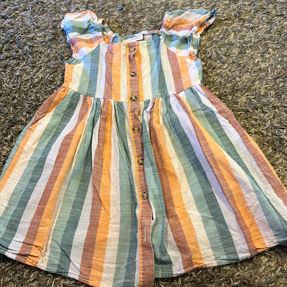 Girl’s striped linen button-up dress with pockets